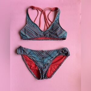 Lucky Brand Swimwear Bohemian Strappy Cross Back Pom Pom Two Piece Bikini Set